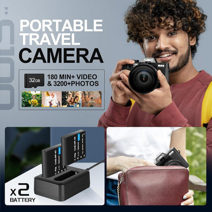 NBD 4K Digital Cameras for Photography - 48MP Travel Photography & Youtube Vlogging Camera with Microphone & Tripod Grip, 16X Digital Zoom, Includes 32GB SD Card and Wide Angle Macro Lens