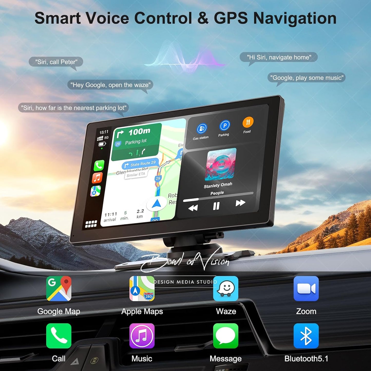 9" Carplay Screen for Car, Portable Wireless Apple Carplay & Android Auto with 4K Dash Cam, 1080P Backup Camera, Apple Car Play GPS Navigation, Voice Control, Bluetooth, Mirror Link, FM