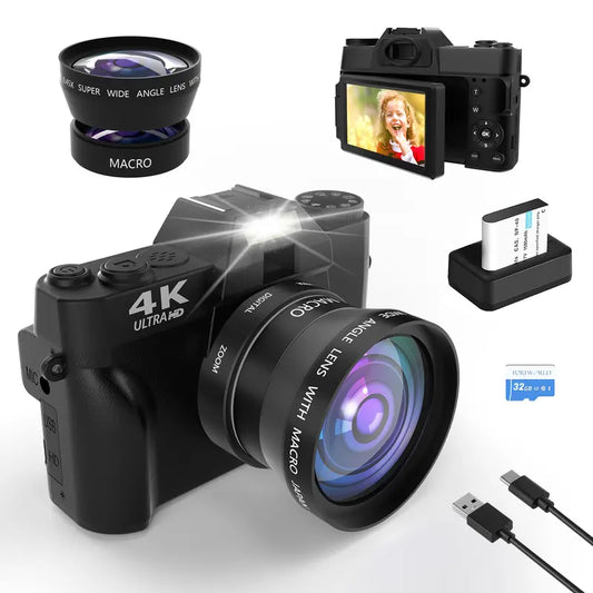 4K 48 Megapixel Autofocus Digital Camera with 3-Inch 180° Flip Screen Vlogging Camera, 16X Digital Zoom Digital Camera with Self-Timer Continuous Shooting Slow Motion Recording with Wifi with 52Mm Wide-Angle and Macro Lens, TF Card, Battery (Black/Pink)