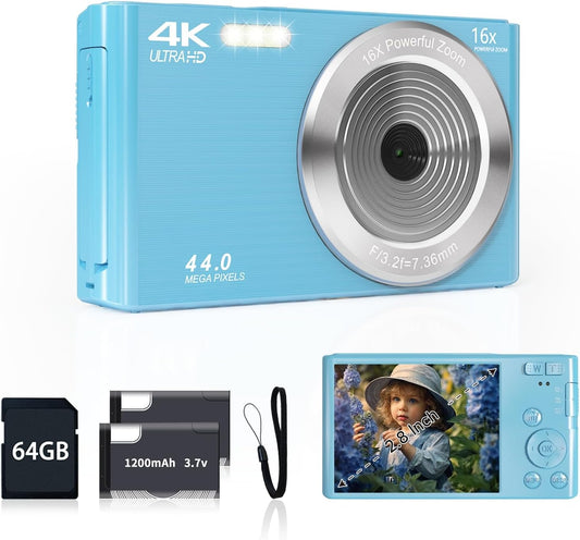 Digital Camera for Teens, FHD 4K 44MP Digital Camera Blue Autofocus with 64GB SD Card 16X Zoom, Cameras for Photography Compact Point and Shoot Camera for Teen Boy Girl Kids Camera Beginner