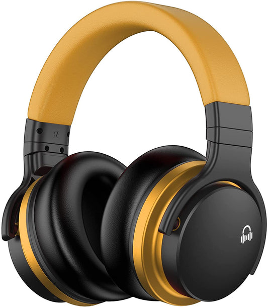 E7 Active Noise Cancelling Headphones Bluetooth Headphones Wireless Headphones over Ear with Microphone Deep Bass, Comfortable Protein Earpads, 30 Hours Playtime for Travel/Work, Yellow