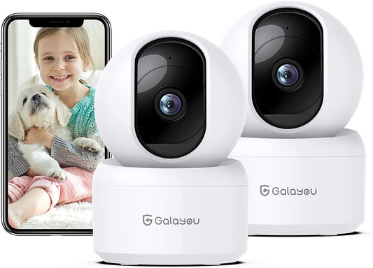 Indoor Security Camera 2K, Pet Camera, 360 Degree Wifi Home Security Camera for Baby/Elder/Nanny with Night Vision, Siren, 24/7 SD Card Storage, Works with Alexa and Google Assistant G2-2Pack