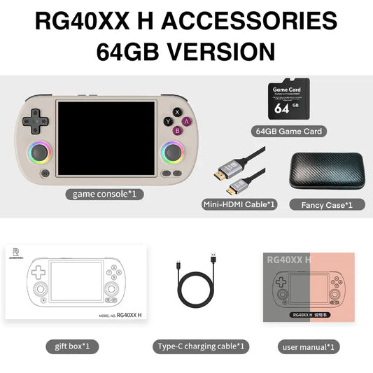 【Valuable Bundle】Rg40Xx H【Buy 1 Get 1 HDMI Cable+1 Fancy Case+1 Type-C Cable】Handheld Game Console 4.0'' IPS Screen -Linux 64-Bit-H700 Quad-Core ARM Cortex-A53 1.5Ghz Frequency- Core 3200Mah 5G Wifi Bluetooth HDMI Output with over 20K Games Pre-Installed