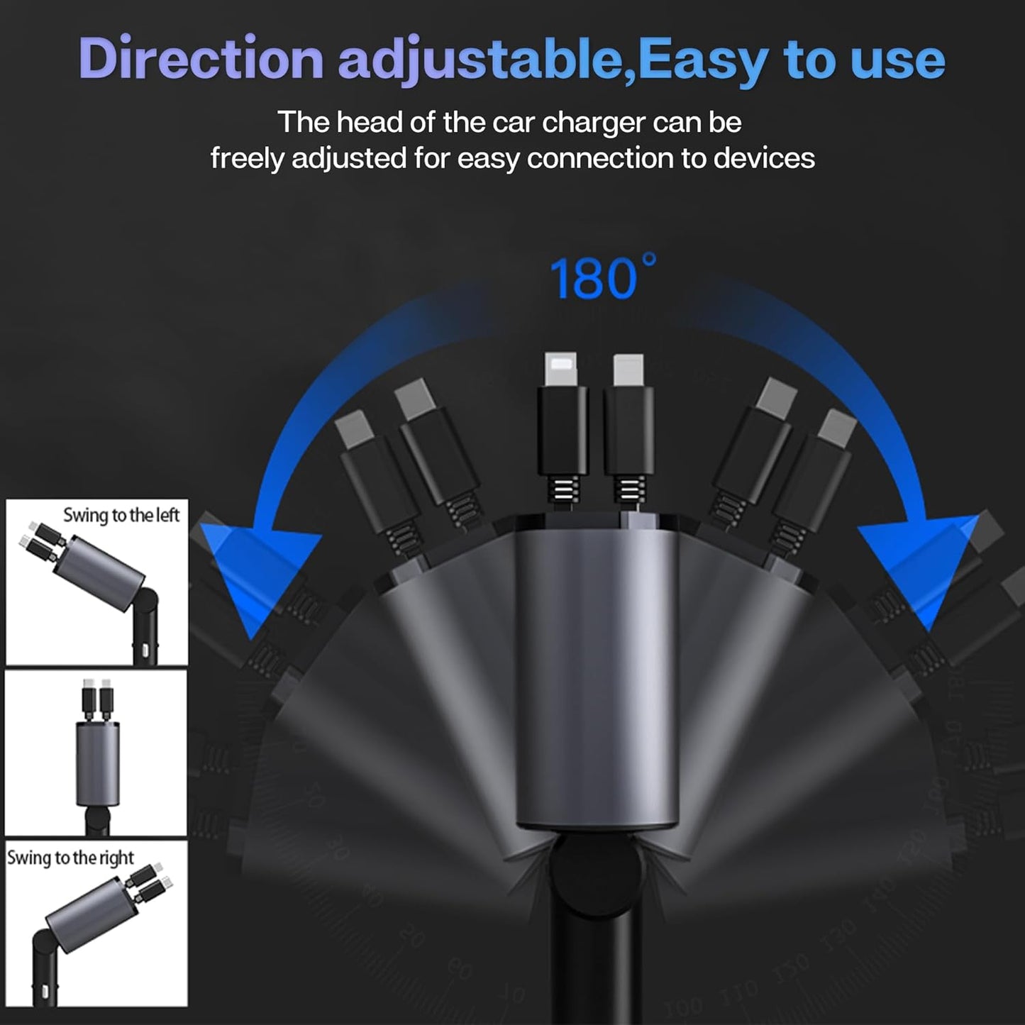 Retractable Car Charger with 100W, 4 in 1 Car Fast Charger for Iphone and Type C, Retractable Cables (31.5 Inch) and 2 Charging Ports, Compatible with Iphone 15/14/13/12 Pro Max Xr,Ipad,Samsung,Pixel