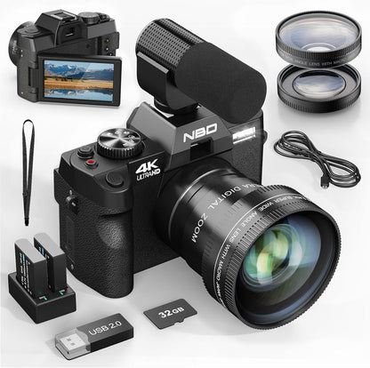 NBD 4K Digital Cameras for Photography - 48MP Travel Photography & Youtube Vlogging Camera with Microphone & Tripod Grip, 16X Digital Zoom, Includes 32GB SD Card and Wide Angle Macro Lens