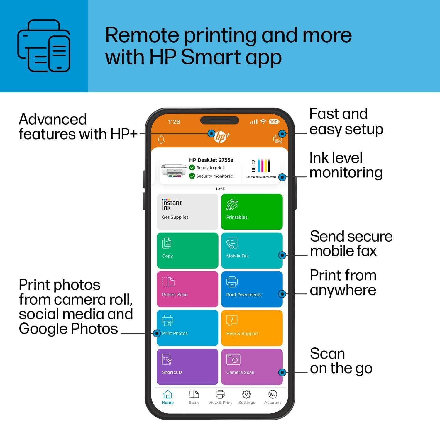 Deskjet 2755E Wireless All-In-One Color Inkjet Printer, Print, Scan, Copy, Best for Home, 6 Months of Ink Included (26K67A)