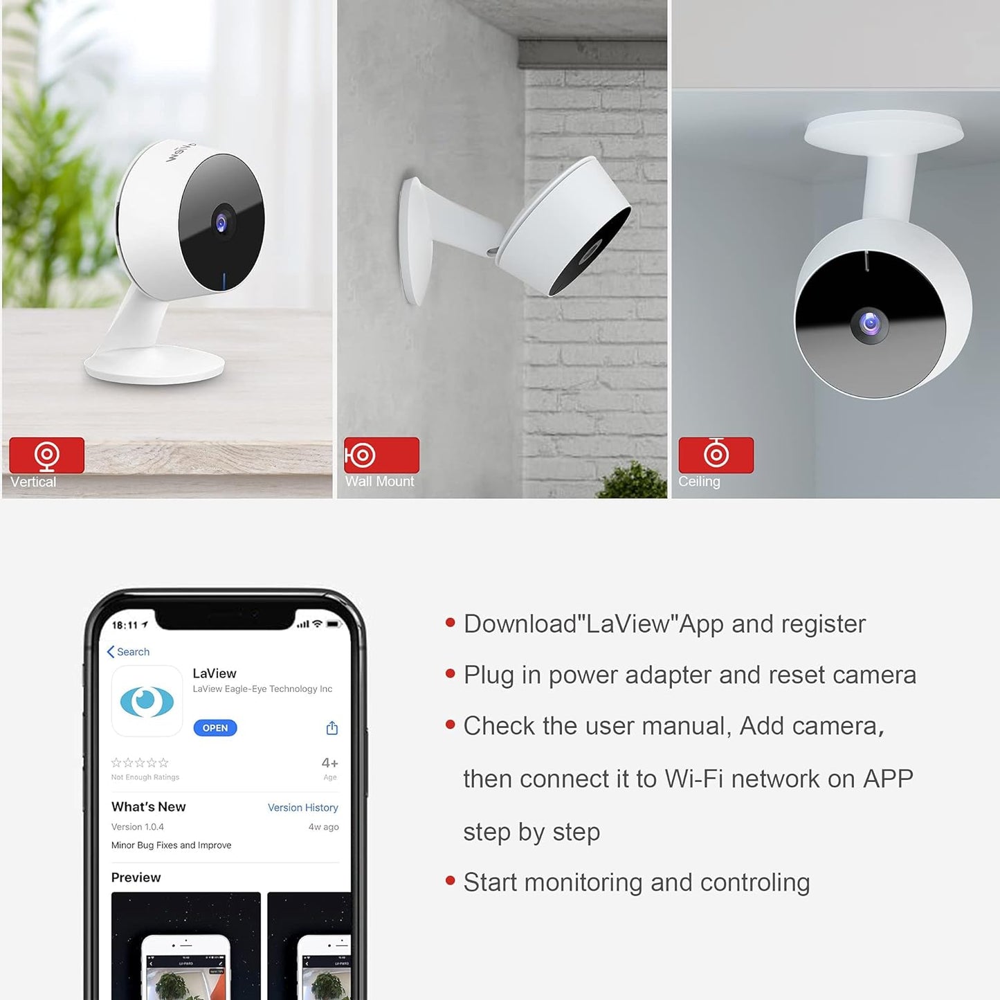 Security Cameras 4Pcs, Home Security Camera Indoor 1080P, Wi-Fi Cameras Wired for Pet, Motion Detection, Two-Way Audio, Night Vision, Phone App, Works with Alexa, Ios & Android & Web Access