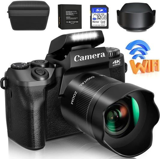 Digital Camera, 4K Cameras for Photography & Video, 64MP Wifi Touch Screen Vlogging Camera for Youtube with Flash, 32GB SD Card, Lens Hood, 3000Mah Battery, Front and Rear Cameras - Black