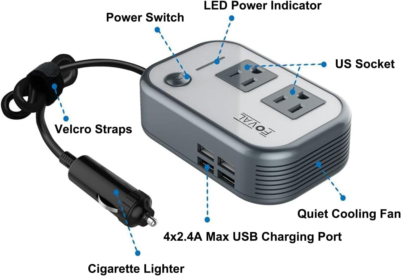 200W Car Power Inverter, 12V DC to 110V AC Car Converter with 4 USB Ports Car Laptop Charger, Car Adapter for Plug Outlet