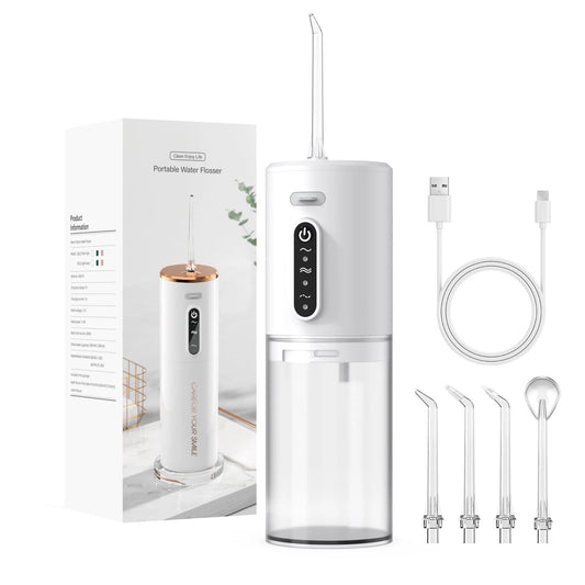 Water Dental Flosser: Portable Cordless Electric Water Flosser with 5 Jet Tips, 3 Modes Rechargeable Oral Irrigator with 280Ml Water Tank, IPX7 Waterproof for Teeth Cleaning-White