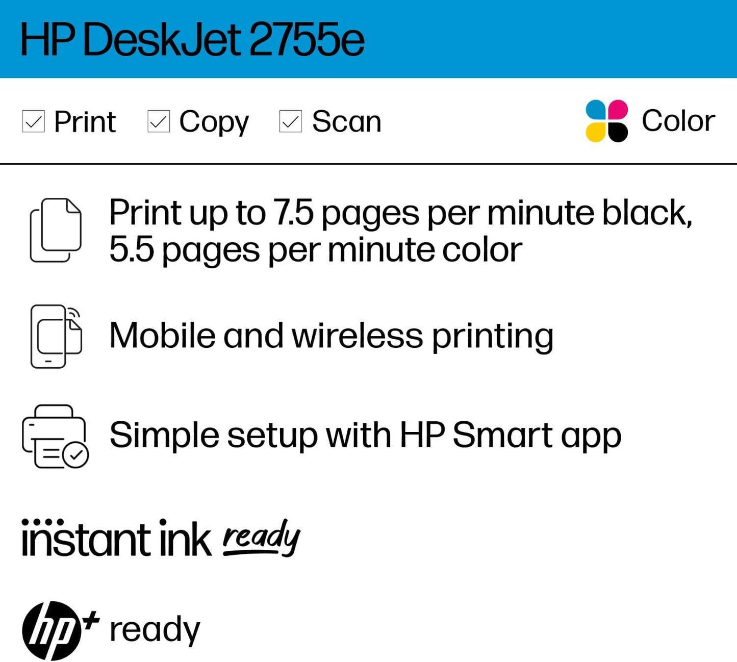 Deskjet 2755E Wireless All-In-One Color Inkjet Printer, Print, Scan, Copy, Best for Home, 6 Months of Ink Included (26K67A)