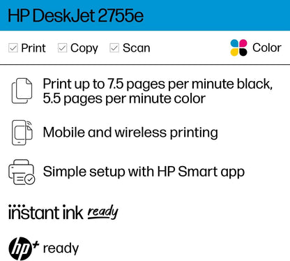 Deskjet 2755E Wireless All-In-One Color Inkjet Printer, Print, Scan, Copy, Best for Home, 6 Months of Ink Included (26K67A)