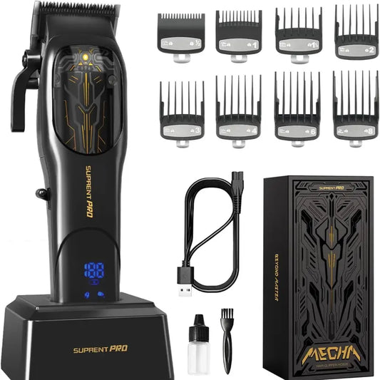 [BARBER'S SUPPLIES] SUPRENT PRO the Mecha - Professional Hair Clippers for Men - High Torque Brushless Motor and DLC Coated Ceramic Blade, Cordless Hair Clippers Set with Charging Dock for Barbers and Self Cut, Premium Gift for Men