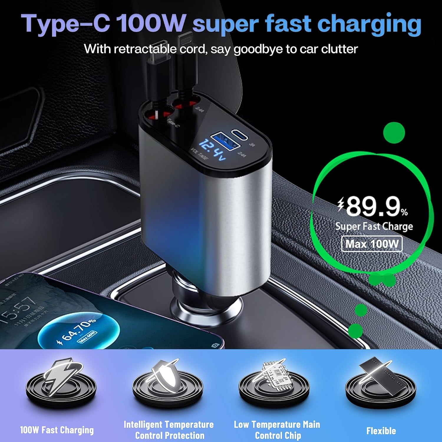 Retractable Car Charger with 100W, 4 in 1 Car Fast Charger for Iphone and Type C, Retractable Cables (31.5 Inch) and 2 Charging Ports, Compatible with Iphone 15/14/13/12 Pro Max Xr,Ipad,Samsung,Pixel